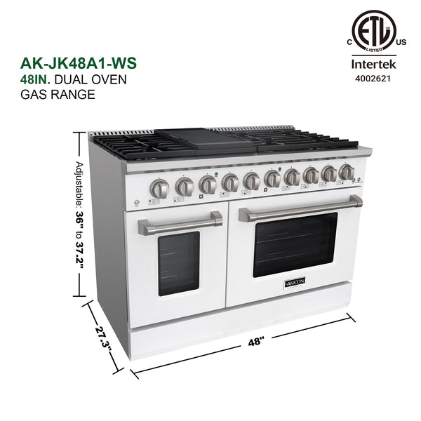 Luchar 48" Slide-in Freestanding Professional Style Gas Range with 6.7 Cu. Ft. Oven, 8 Burners, Convection Fan, Cast Iron Grates. White & Stainless Steel