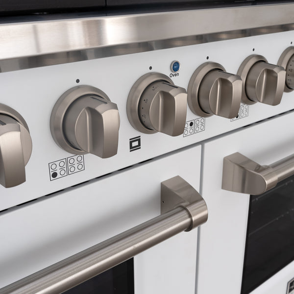 Luchar 48" Slide-in Freestanding Professional Style Gas Range with 6.7 Cu. Ft. Oven, 8 Burners, Convection Fan, Cast Iron Grates. White & Stainless Steel