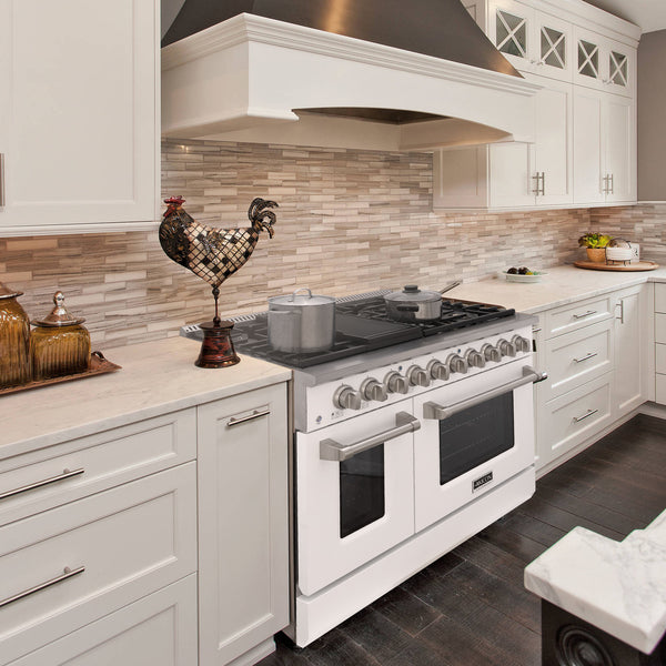 Luchar 48" Slide-in Freestanding Professional Style Gas Range with 6.7 Cu. Ft. Oven, 8 Burners, Convection Fan, Cast Iron Grates. White & Stainless Steel