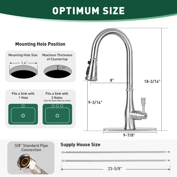 Kitchen Stainless Sink Faucet with Pull Down Sprayer, Single Handle, Single Hole Mount, Extendable Sprayer Head, Modern Design