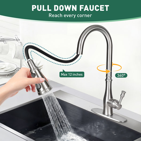 Kitchen Stainless Sink Faucet with Pull Down Sprayer, Single Handle, Single Hole Mount, Extendable Sprayer Head, Modern Design
