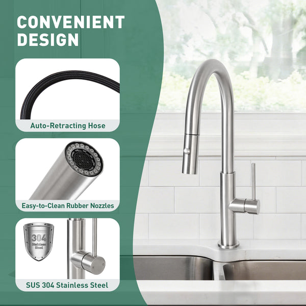 Durable Stainless Steel Kitchen Faucet, Pull-Out Head, Flexible Hose, CUPC Certified, Multiple Finishes