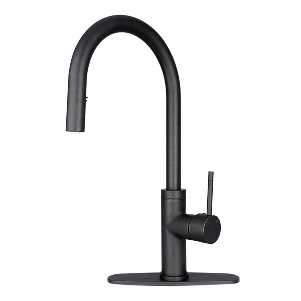 Oil Rubbed Bronze Pull Out Kitchen Faucet with Deck Plate, Single Level Solid Brass Kitchen Sink Faucet with pull down sprayer.