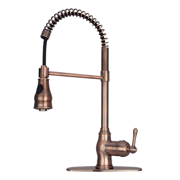 A copper-colored, single-level solid brass kitchen sink faucet with a pull-down sprayer and a spring hose.