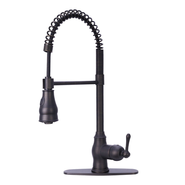 Oil Rubbed Bronze Kitchen Faucet with a pull-down sprayer and a single lever handle.
