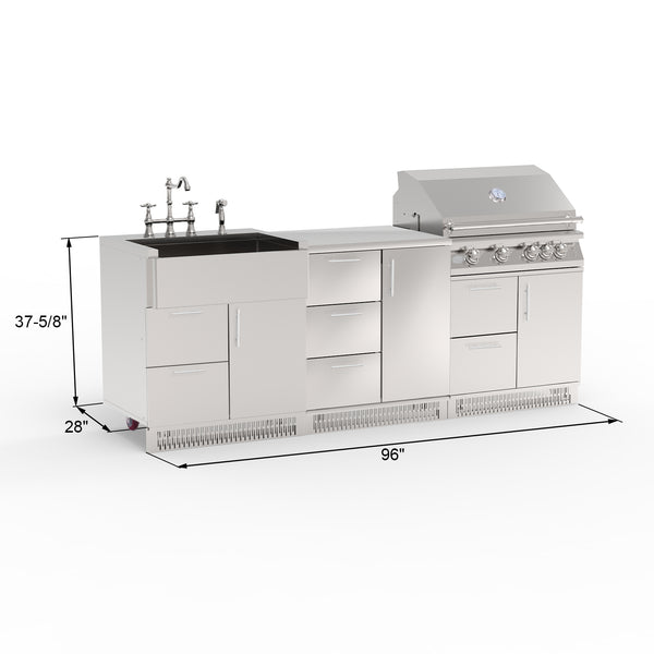A 4-piece stainless steel outdoor kitchen cabinet set including a grill, sink, and storage cabinets with a 3-drawer and 1 door configuration.