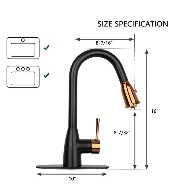 A Two-Tone Matte Black & Gold Pull Out Kitchen Faucet with Deck Plate, showing the faucet in a bent position with gold-colored accents and a single lever handle.