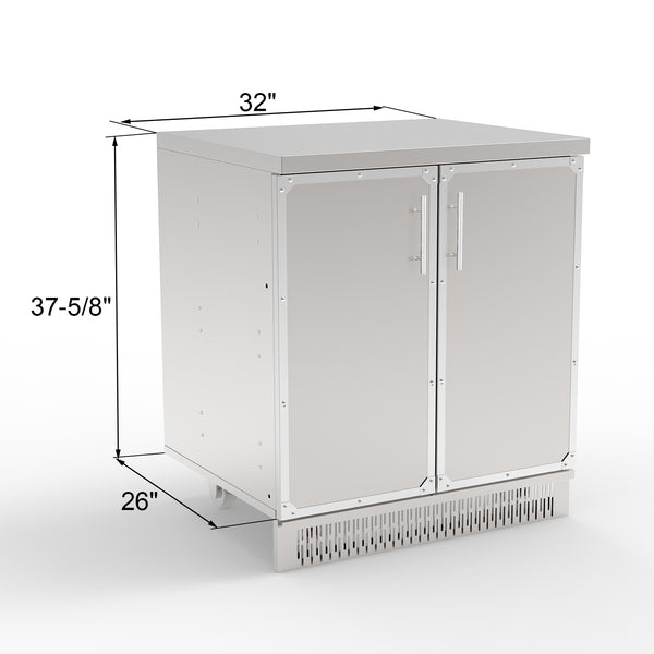 A silver stainless steel 2-door cabinet suitable for outdoor kitchen use, showing a front view with both doors closed.