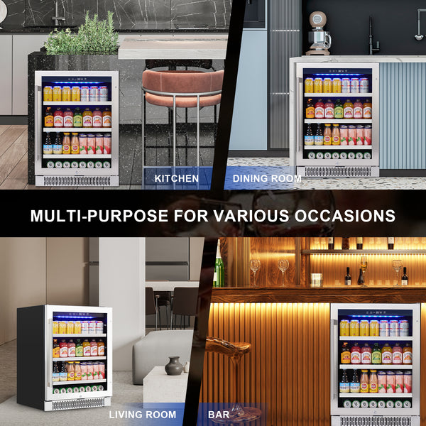 Multifunctional refrigerator displayed in various settings including kitchen, dining room, living room, and bar.