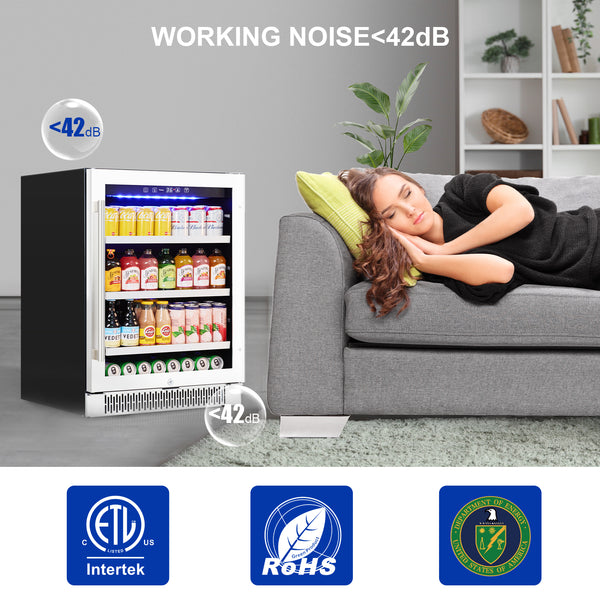 Woman sleeping on a couch next to a refrigerator with drink options, showing a quiet operation feature.