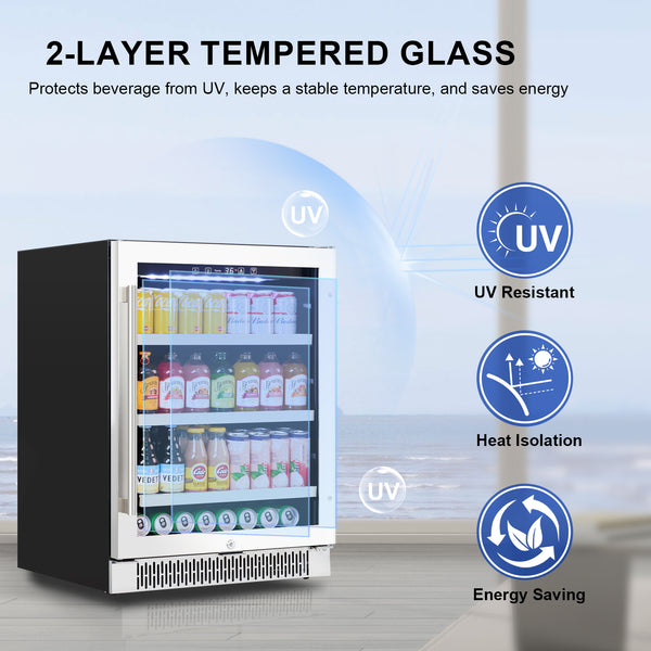 Beverage cooler with 2-layer tempered glass features, showing UV resistance, heat isolation, and energy saving benefits.