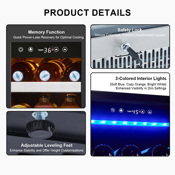 Product details of a wine cooler with features like memory function, safety lock, interior lights, and adjustable leveling feet.