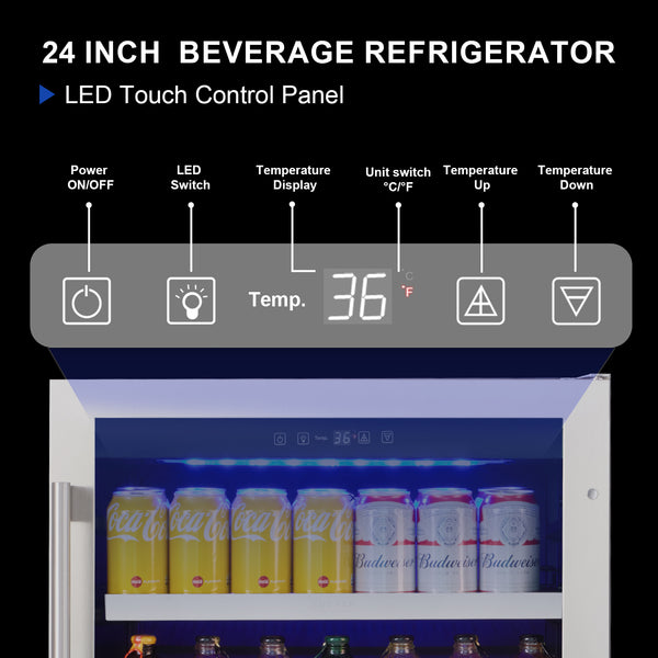 24-inch beverage refrigerator with LED touch control panel and drinks inside.