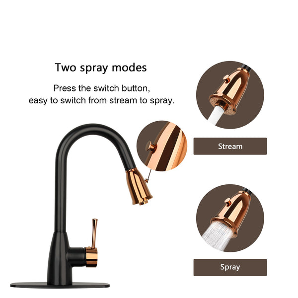 A Two-Tone Matte Black & Gold Pull Out Kitchen Faucet with Deck Plate, showing the faucet in a bent position with gold-colored accents and a single lever handle.