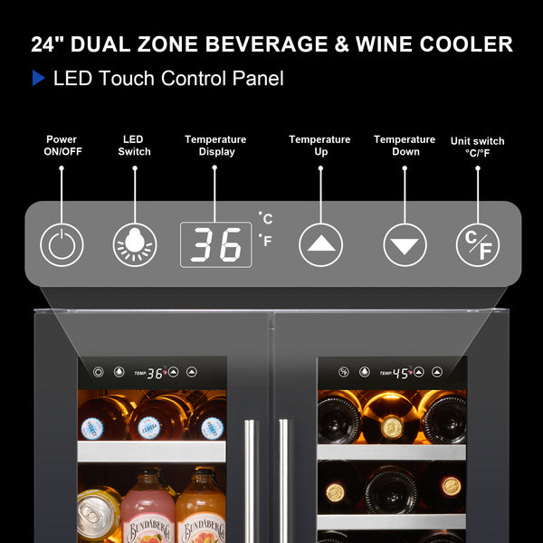 24" Dual Zone Beverage& Wine Cooler with Led Touch Control Panel