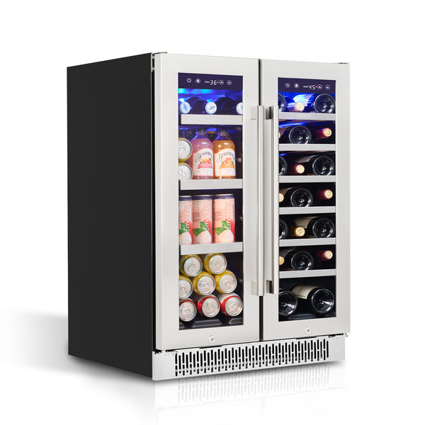 A built-in stainless steel wine and beverage refrigerator with double-tempered glass doors, visible wine bottles, and canned beverages inside.