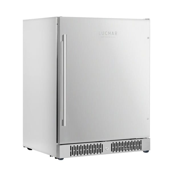 A freestanding 24 inch beverage refrigerator with stainless steel door featuring a Luchar brand logo.
