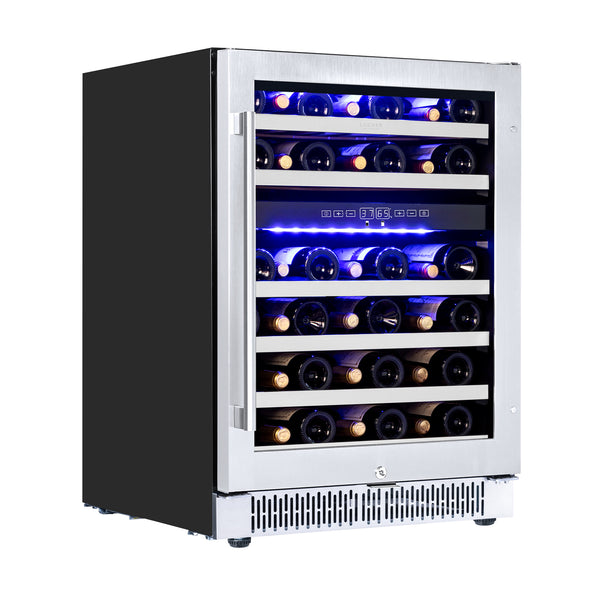 A stainless steel dual zone wine fridge with LED lights illuminated from within, displaying multiple bottles of wine.