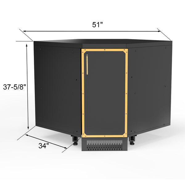 A black stainless steel corner cabinet with a gold trim, designed for outdoor kitchens.