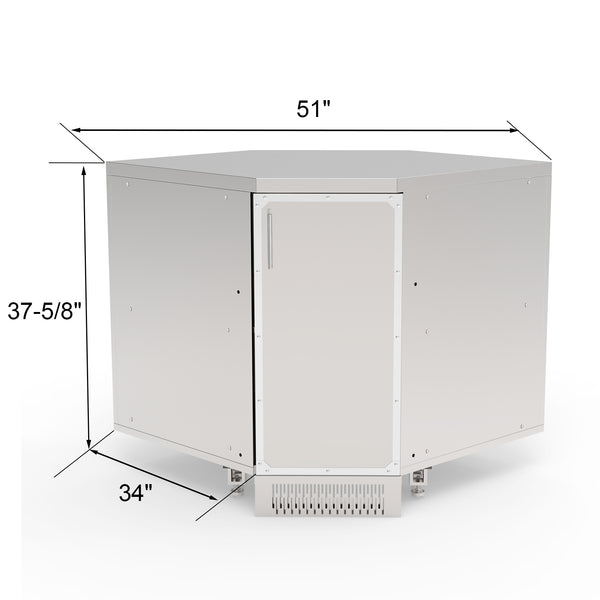 A white stainless steel corner cabinet for outdoor kitchens with a closed door and visible ventilation at the bottom.
