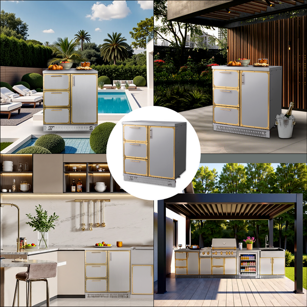Collage of outdoor kitchen cabinets with gold accents in various settings.