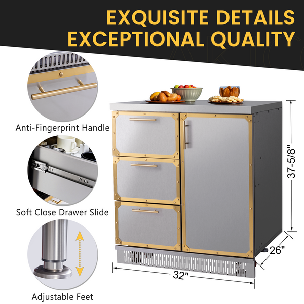 Stainless steel kitchen island with features highlighted, including anti-fingerprint handle, soft close drawer slide, adjustable feet, and dimensions.