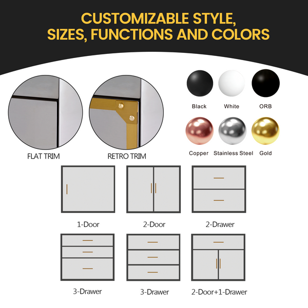 Product customization options with trim styles, color choices, and cabinet configurations.