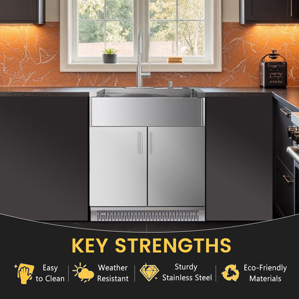 Modern kitchen with stainless steel appliances and key strengths highlighted.