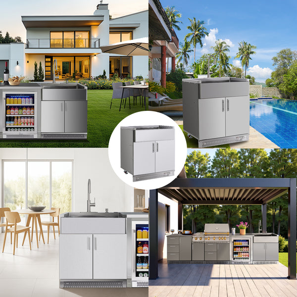 Collage of outdoor kitchen setups with appliances and furniture.