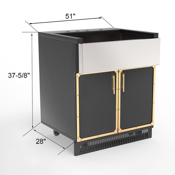Black outdoor bar cart with gold accents and dimensions on a white background