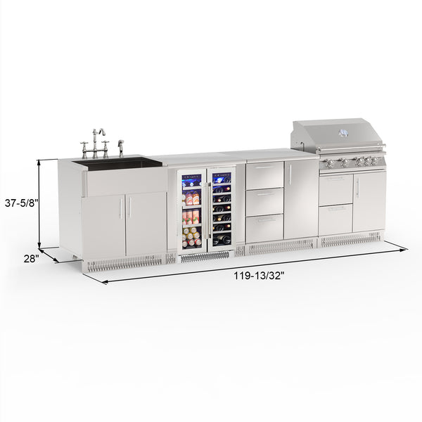 Outdoor kitchen island with sink, refrigerator, and grill on a white background