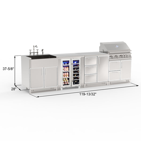 Outdoor kitchen island with grill, sink, and refrigerator on a white background