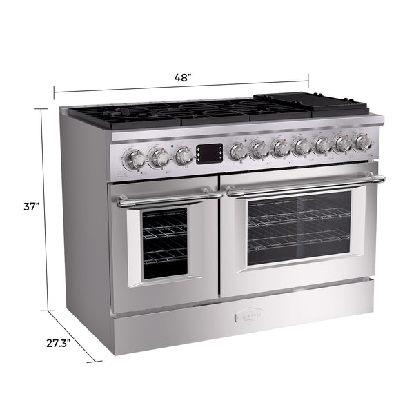 Stainless steel range with dimensions labeled on a white background