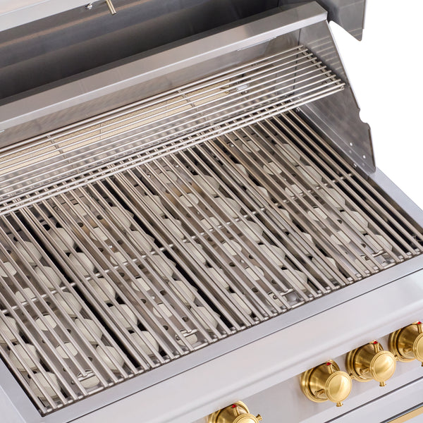 A set of stainless steel outdoor kitchen cabinets with a grill and fridge.
