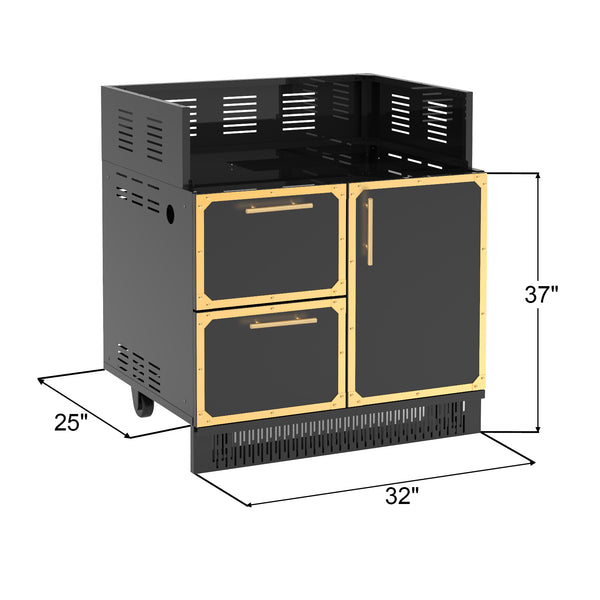 a stainless steel and black gold grill cabinet