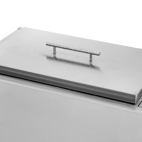 A black outdoor kitchen stainless steel dual side burner with a cabinet and gold trimmings.