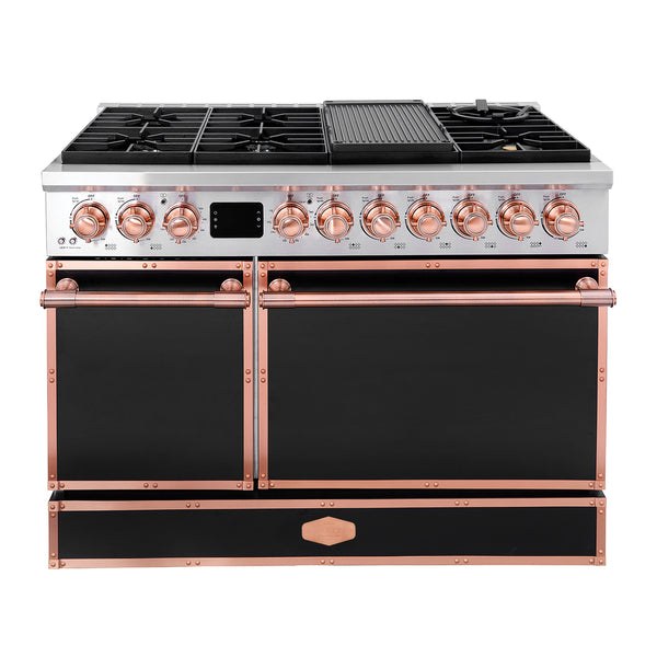 A professional-style black and rose gold Luchar gas range with multiple burners, ovens, and customizable style.