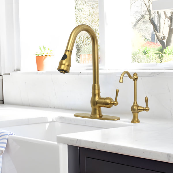 A single-handle brushed gold drinking water filter faucet with a high arch and traditional design.