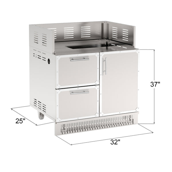 A stainless steel outdoor grill cabinet with a single door on the right side and two large drawers on the left, featuring a front-mounted handle and set against a white background.