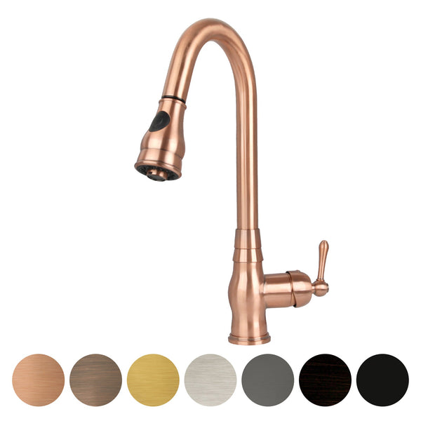 A copper pull out kitchen faucet with a single handle, depicted alongside color swatches showing available finish options.
