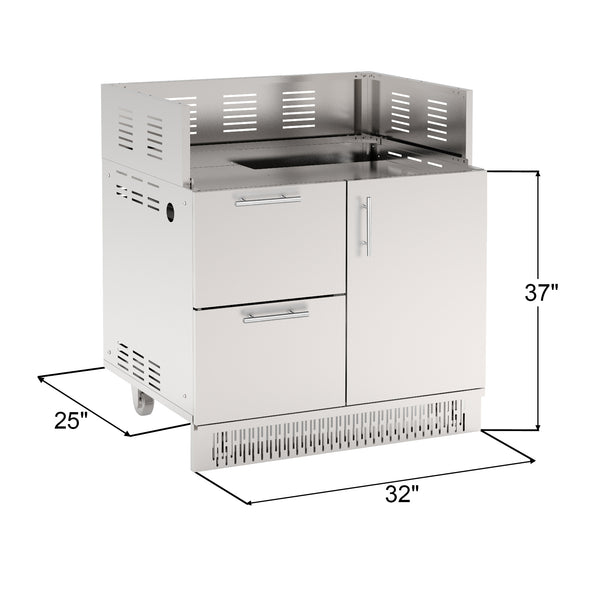 A stainless steel outdoor kitchen grill cabinet with a single door on the right side and two large drawers on the left, featuring a gas line port and a propane tank tray.