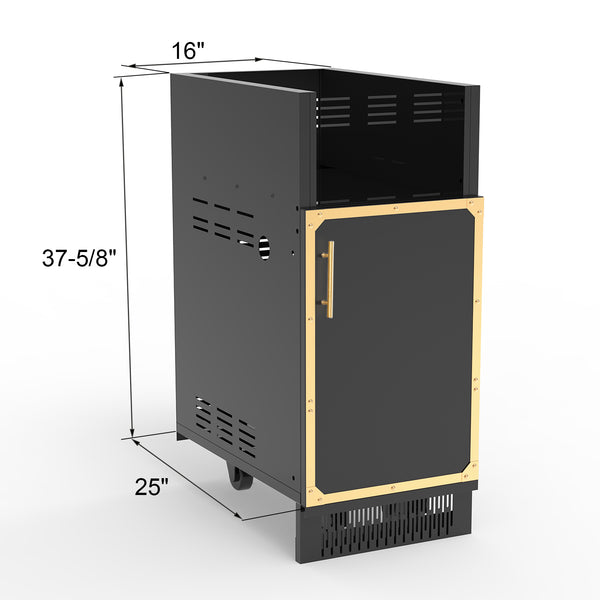 A stainless steel outdoor kitchen side burner cabinet with a black door and gold trim.
