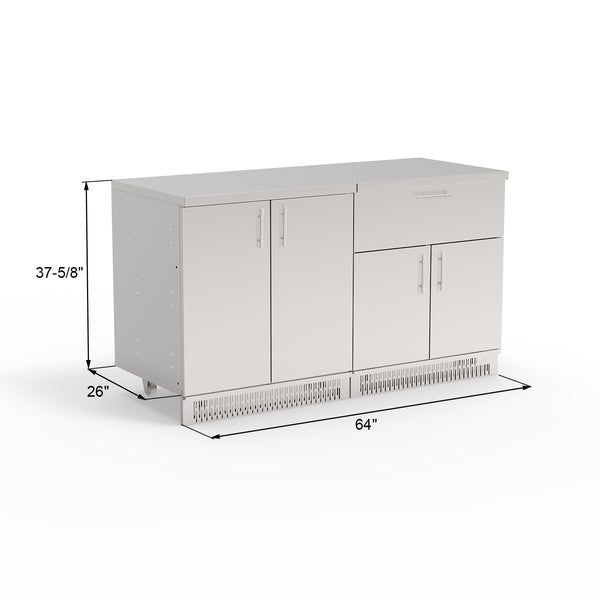 A set of two stainless steel outdoor kitchen cabinets with doors and a drawer, in a white color, against a white background.