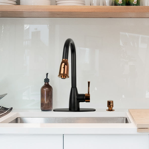 A Two-Tone Matte Black & Gold Pull Out Kitchen Faucet with Deck Plate, showing the faucet in a bent position with gold-colored accents and a single lever handle.