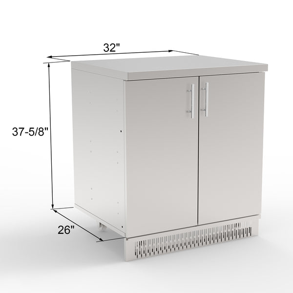 A white stainless steel 2-door cabinet with a solid pattern, commonly used for outdoor kitchen storage.