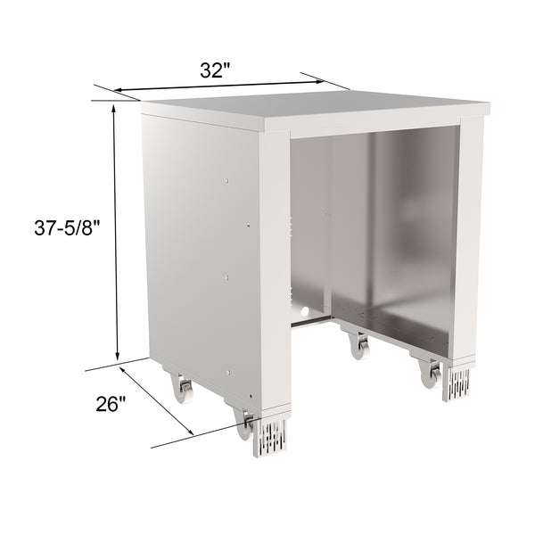 A standalone stainless steel appliance cabinet designed for outdoor kitchens, featuring a closed front with no visible handles or inputs.