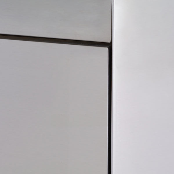 A set of stainless steel outdoor kitchen cabinets with a grill and fridge.