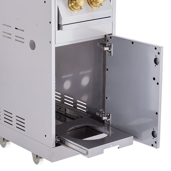 A black outdoor kitchen stainless steel dual side burner with a cabinet and gold trimmings.