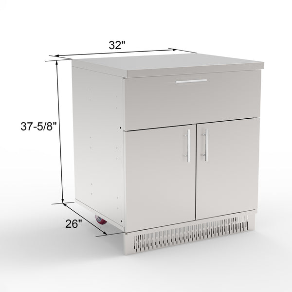 A white stainless steel kitchen cabinet with a drawer and two doors, set against a plain background.