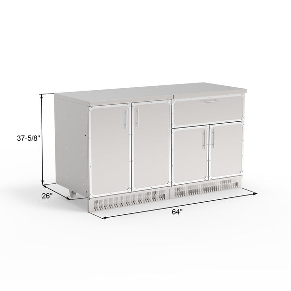 A set of two stainless steel outdoor kitchen cabinets with a drawer and multiple doors, featuring a clean white finish.
